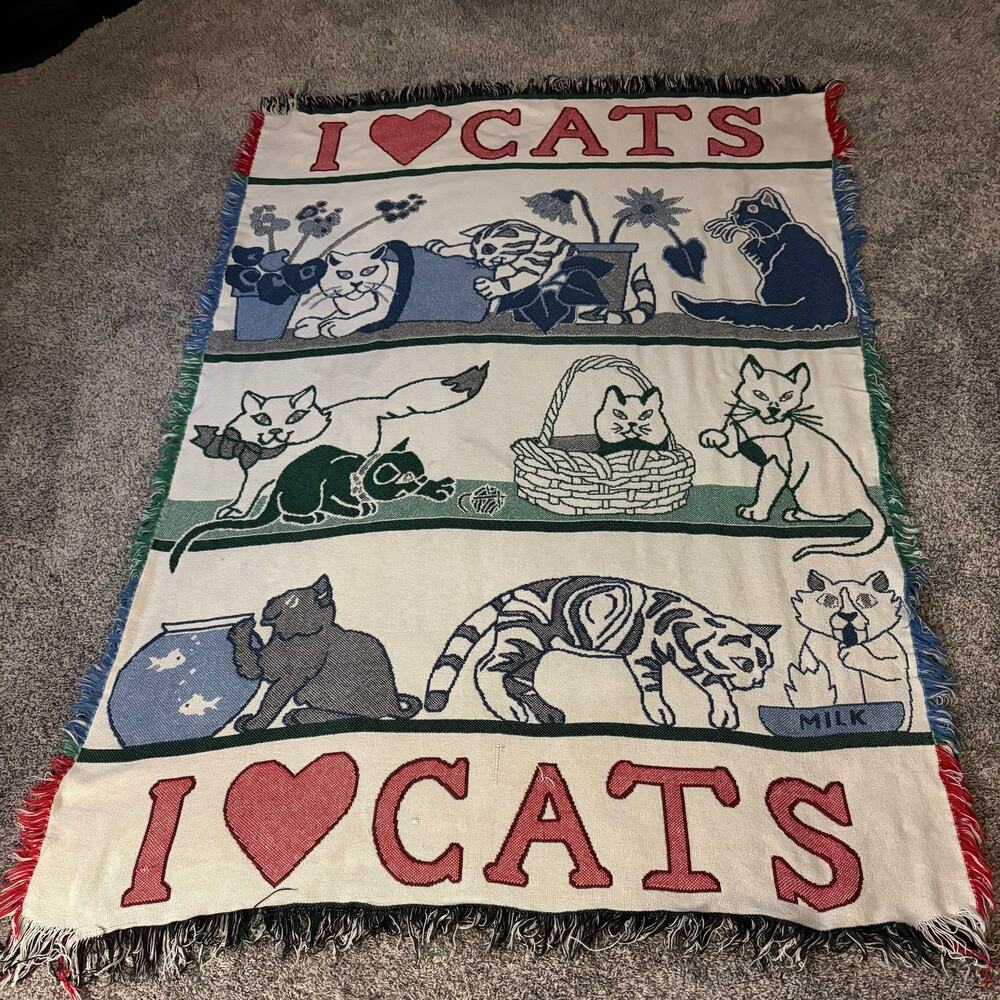 Vintage I Love Cats Woven Throw Blanket Tapestry Fringe 48x65
